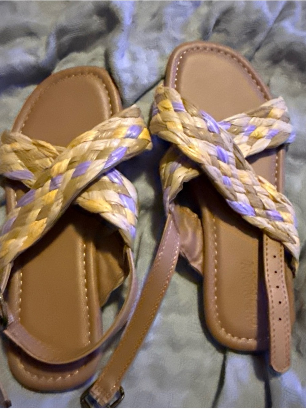 Girls Braided Tan Sandals with Pastel Accents